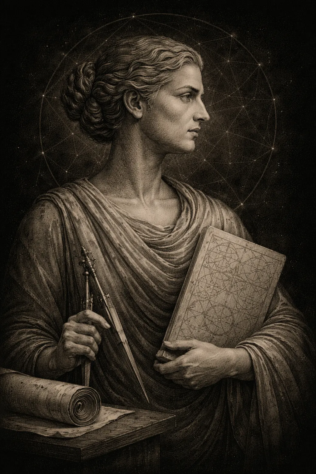 Classical portrait of Aspasia against a field of connected ideas